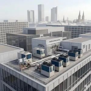 Commercial heat pump installation on office rooftop