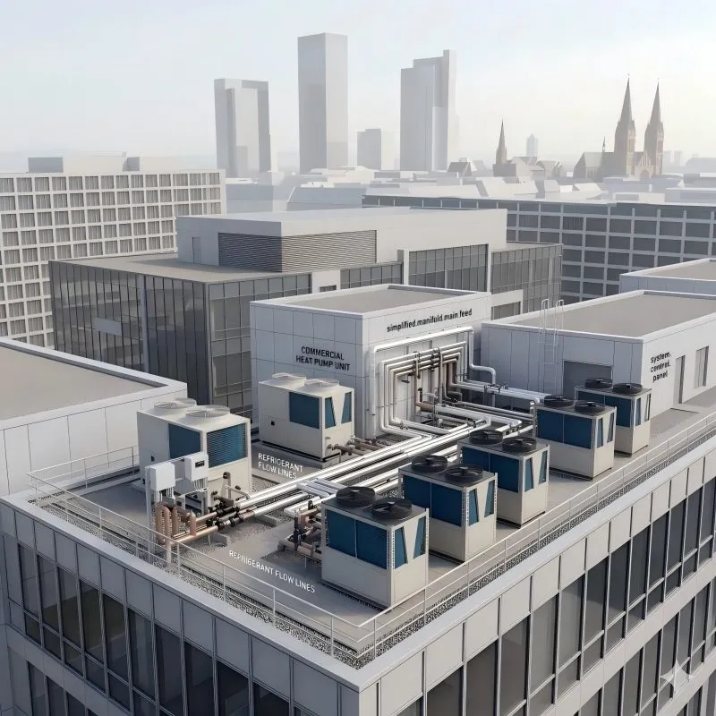 Commercial heat pump installation on office rooftop