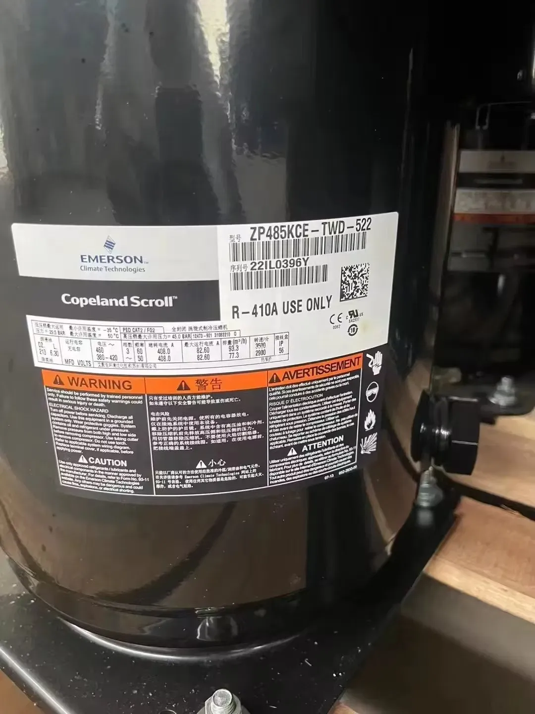 Copeland Scroll Compressor ZP485KCE-TWD-522 | 40 HP R410A Commercial Air Conditioning Compressor